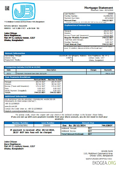 Bangladesh Janata Bank relevé hypothécaire scr